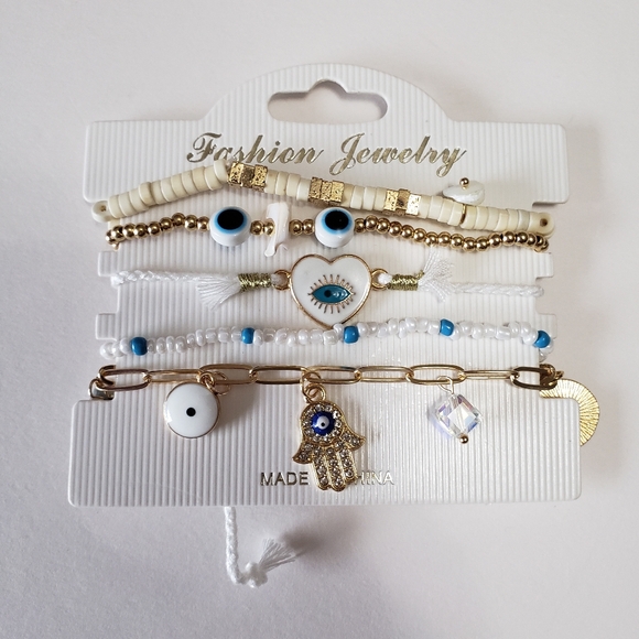 Jewelry - set of 5 fashion boho Evil Eyr bracelet,  with gold tone and enamel charms